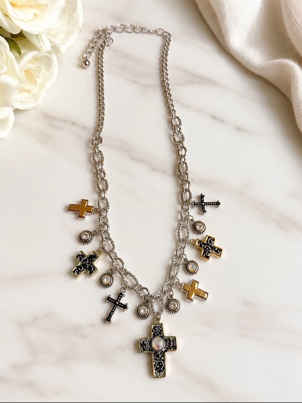 NEW Rebecca Malone Mixed Metal Cross Charm Necklace in Gold and Silver